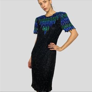 Vintage 100% silk beaded Elegant Black and Blue Sequin Dress stenay size 8